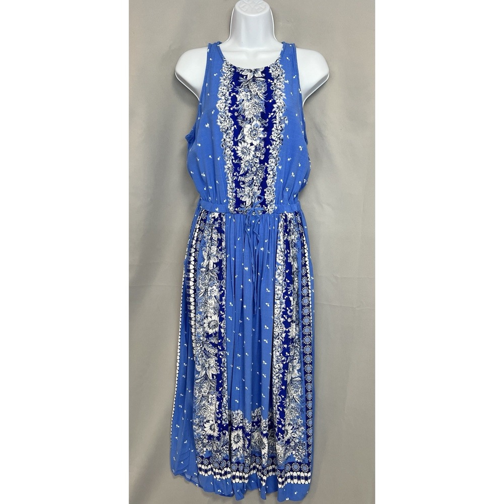 Ann Taylor MIDI Dress Floral‎ Blue Open Back Sz Medium Women's